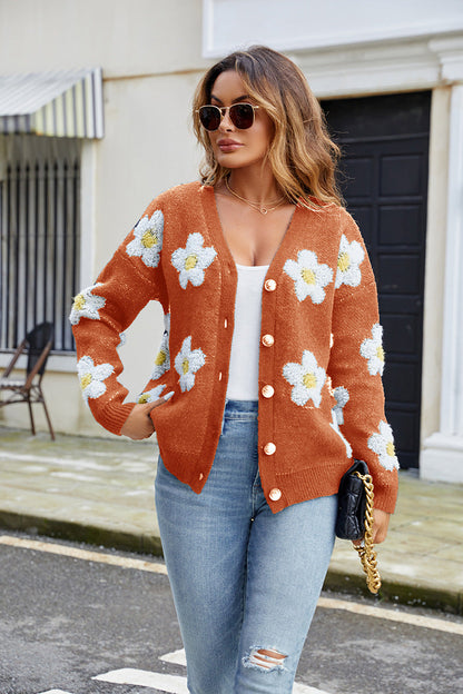 V-Hals Cardigan för Dam med 3D-Blommor, Normal Passform i Polyester – Lång Ärmar, Flera Färger 5