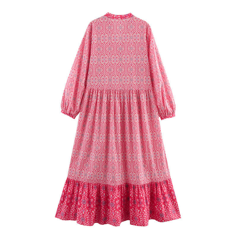 A-Line Klänning för Kvinna med Tryckt Design, Midi Längd, Långa Ärmar och V-ringning – Polyester 3