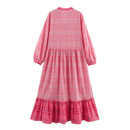 A-Line Klänning för Kvinna med Tryckt Design, Midi Längd, Långa Ärmar och V-ringning – Polyester 3