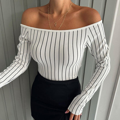Off-Shoulder Dam Bodysuit med Rippad Struktur i Högkvalitativt Tyg – Perfekt för Fest och Avslappnade Utekvällar 1