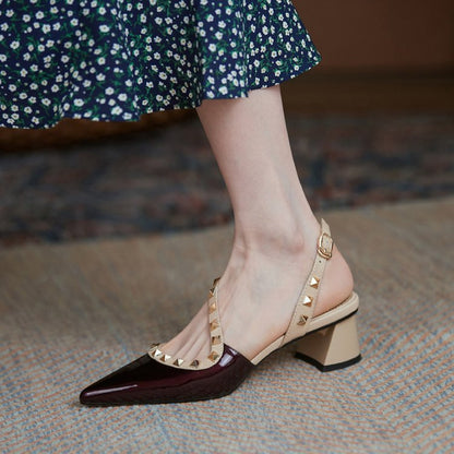 Kvinnor Slingback Skor med Nitar Glänsande Läder Blockhäl 3