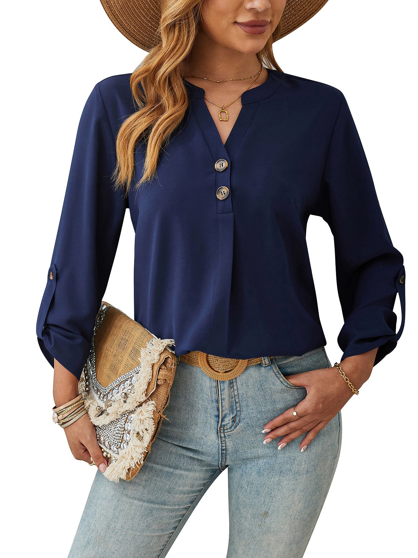 Variant image for Dam Långärmad Topp V-ringad Andningsbar Urban Stil-16