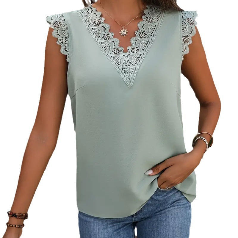 Kvinnors Blus med V-Hals och Spetsdetaljer – Lätt och Andningsbart Tyg, Avslappnad Passform, Vit 6
