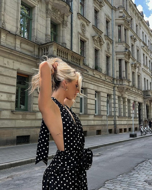 Fina Dam Klänningar Lång V-ringning Polka Dot Polyester-1