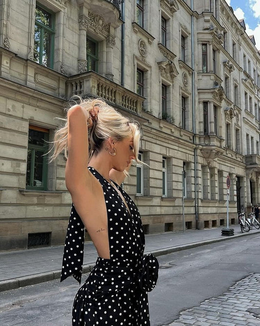 Fina Dam Klänningar Lång V-ringning Polka Dot Polyester-1