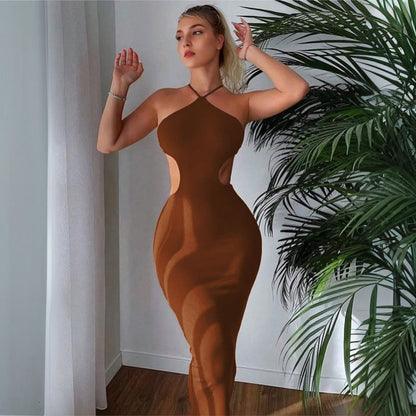 Kvinna Halterklänning Figurnära Stickat Tyg Lång-1