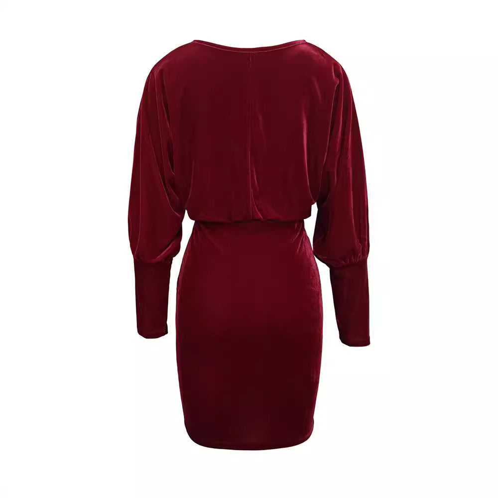 Dam Velorklänning V-ringning Långa Ärmar Kroppsnära Velour 5