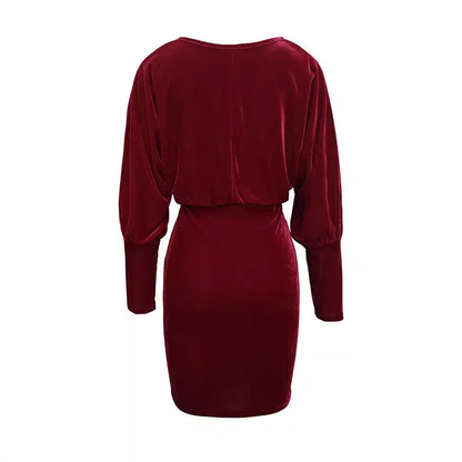 Dam Velorklänning V-ringning Långa Ärmar Kroppsnära Velour 5