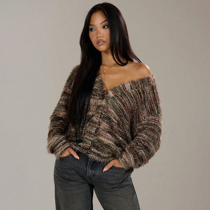 Dam Stickad Tröja Överdimensionerad Bomull med Öppna Axlar 1