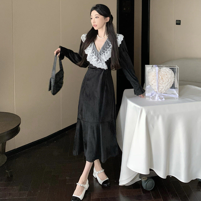 Damklänning Spets Långärmad V-hals Polyester Elegant-3