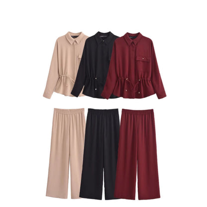 Dam Långärmad Skjorta och Bred Byxa Set i Polyester-2