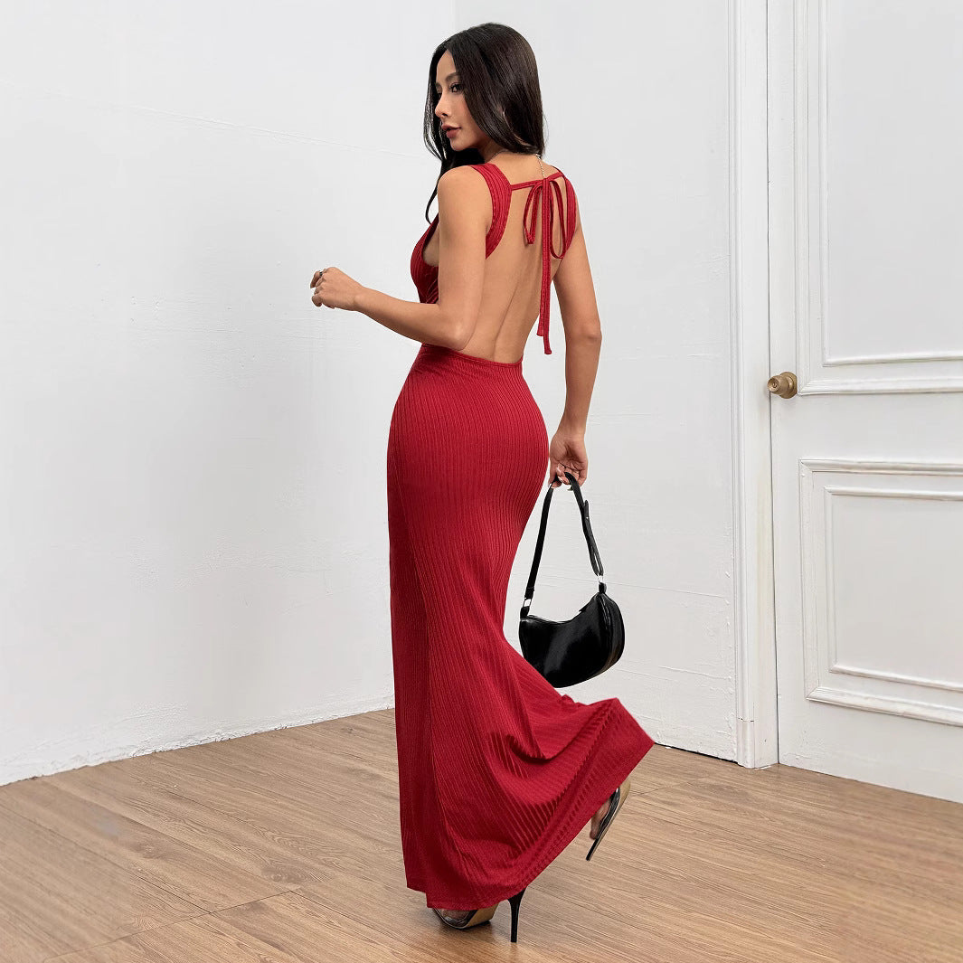 Dam Aftonklänning Lång Bakre Halsringsdesign Monokrom Högkvalitativt Tyg-2