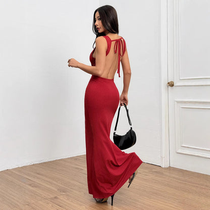Dam Aftonklänning Lång Bakre Halsringsdesign Monokrom Högkvalitativt Tyg-2