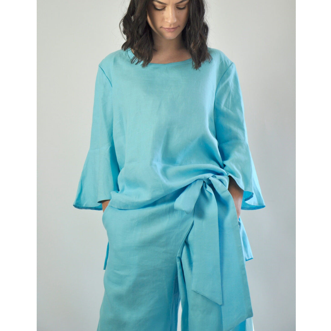 Dam Casual Set Vid Top och Långa Byxor i Bomull och Linne-3