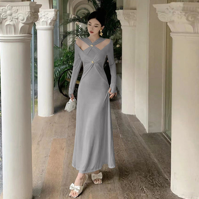 Fina Dam Klänningar Lång V-Hals med Tvärfront Polyester-3