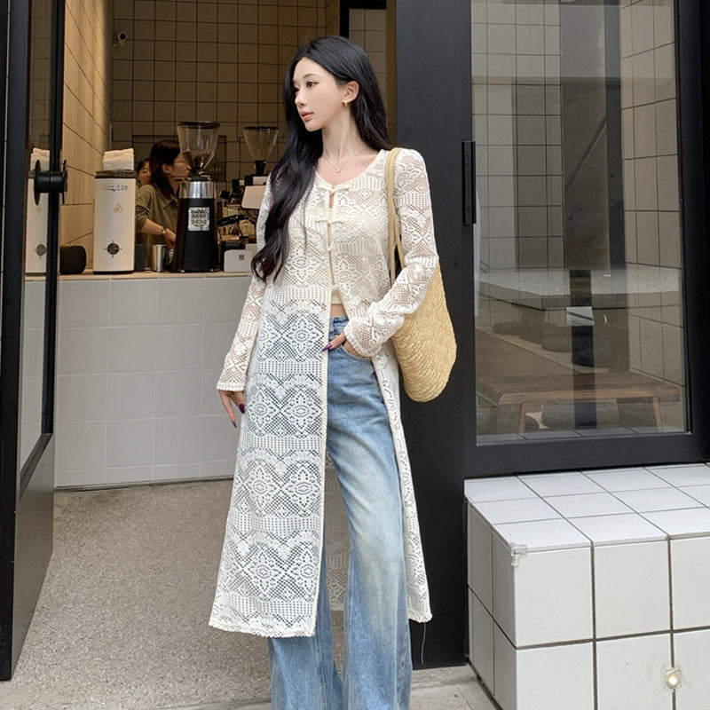 Kvinnor Midi Klänning Rund Hals Spetsskikt Högkvalitativ Blandning av Tyger-3