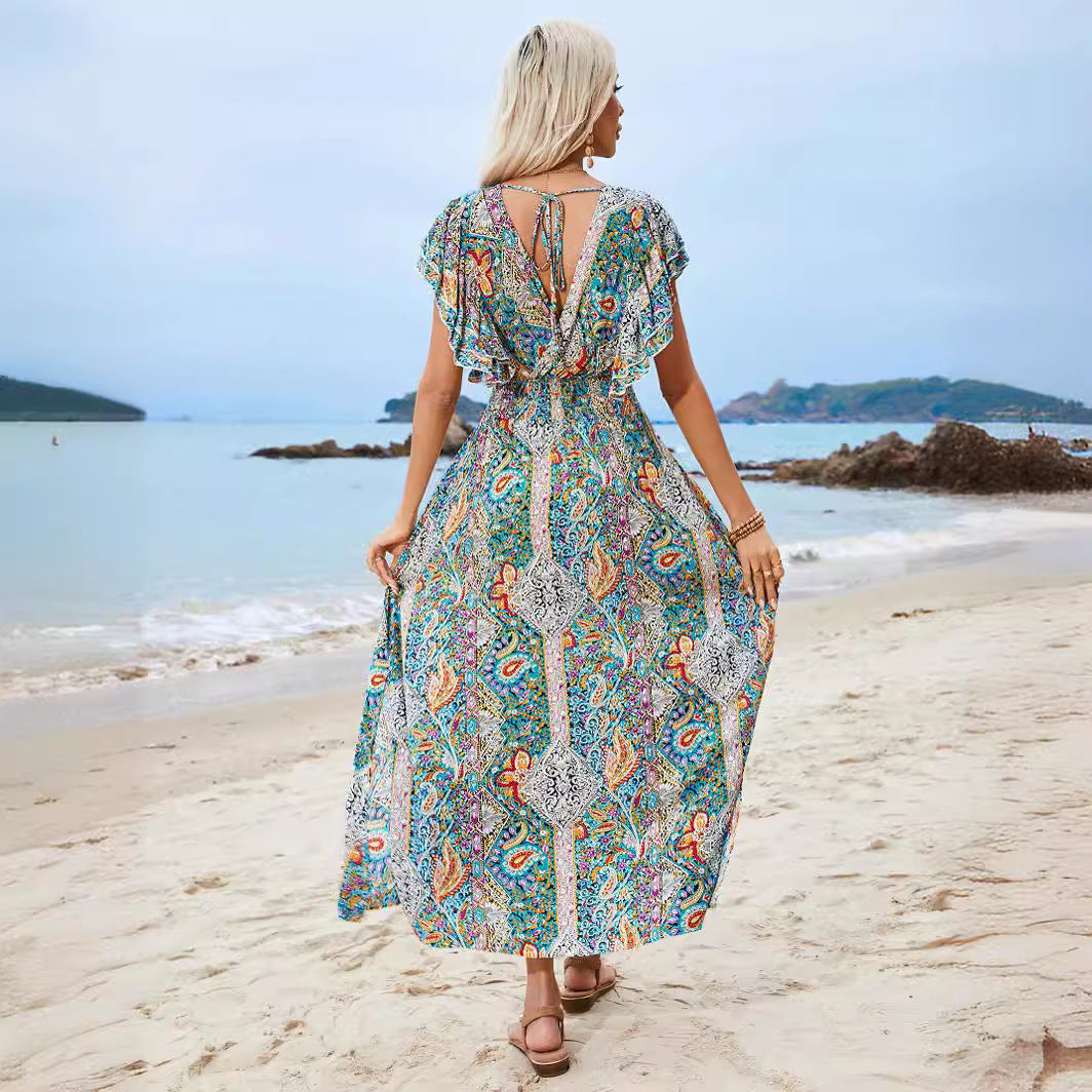 Kvinnors Maxiklänning Bohemisk Stil Kort Ärmar A-linjeformad Polyester-4