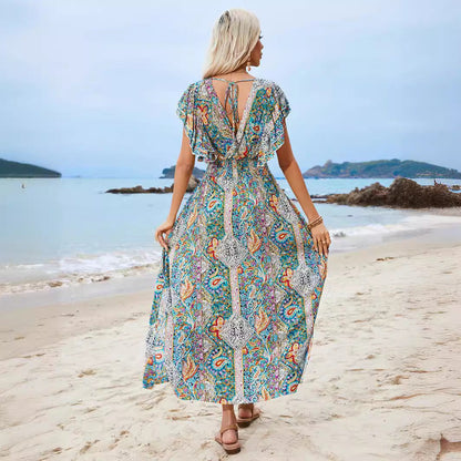 Kvinnors Maxiklänning Bohemisk Stil Kort Ärmar A-linjeformad Polyester-4