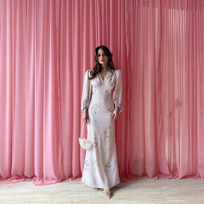 Maxiklänning Dam A-linje V-ringning Tryckt Tyg för Sommar-3