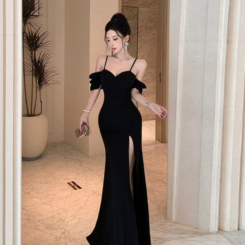 Kvinnors Aftonklänning Lång Spaghetti-Bärande V-Ringning Polyester-1