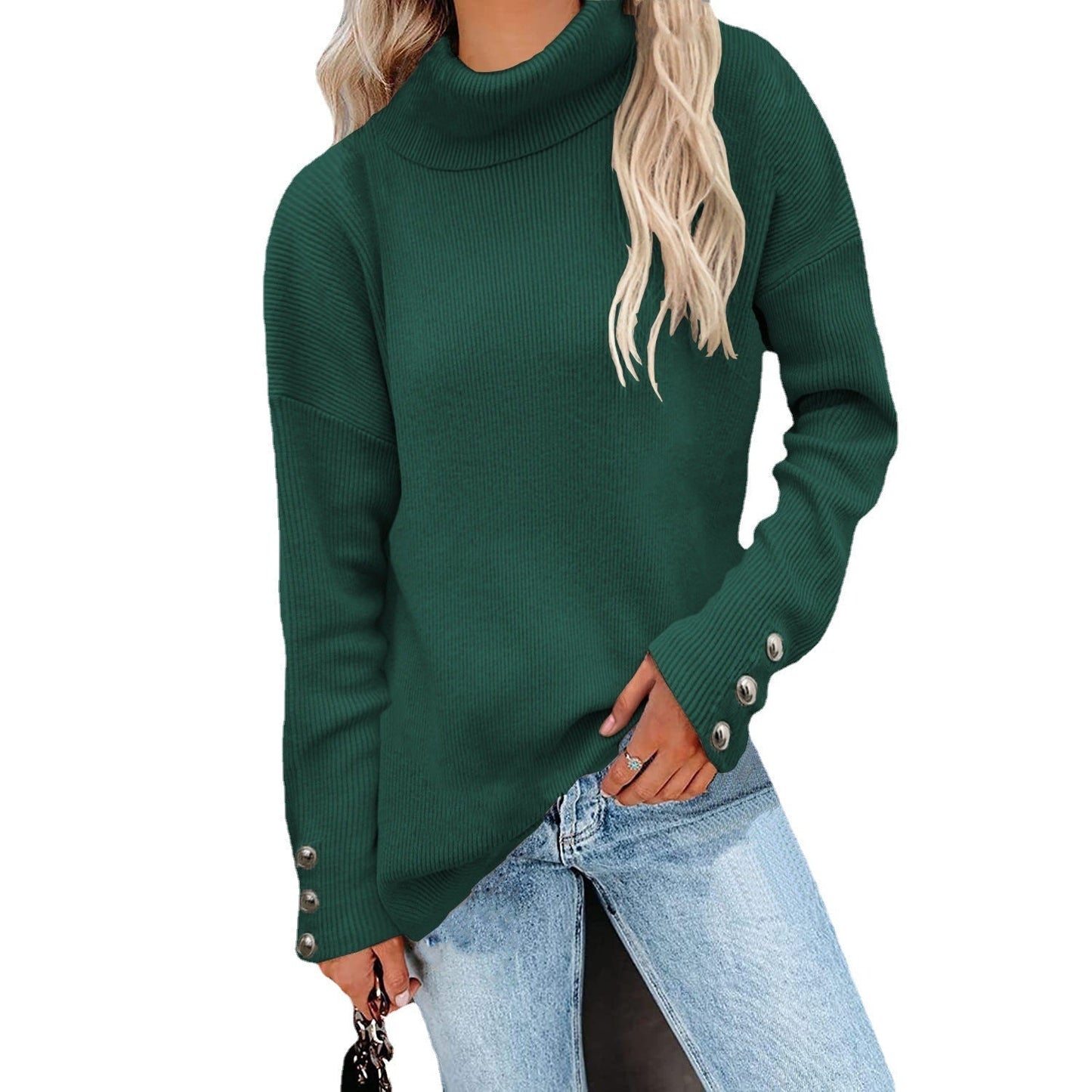 Dam Höghalsad Stickad Tröja i Randig Design-4