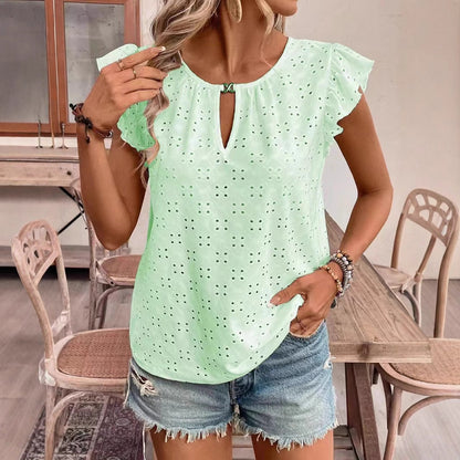 Festtopp Dam med V-ringning och Jacquarddesign - Kort Ärmar i Lätt Polyester för Fest och Vardag 2