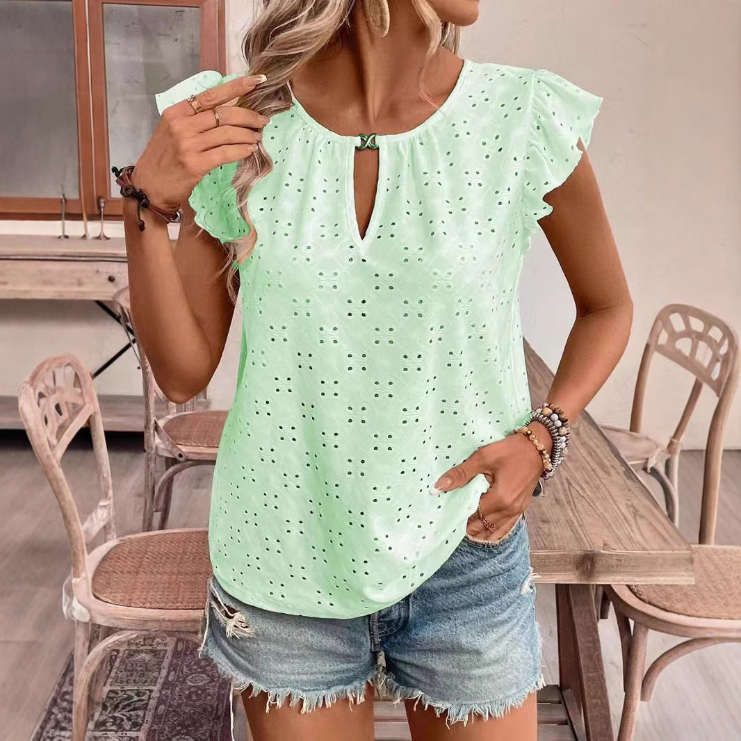 Festtopp Dam med V-ringning och Jacquarddesign - Kort Ärmar i Lätt Polyester för Fest och Vardag 10