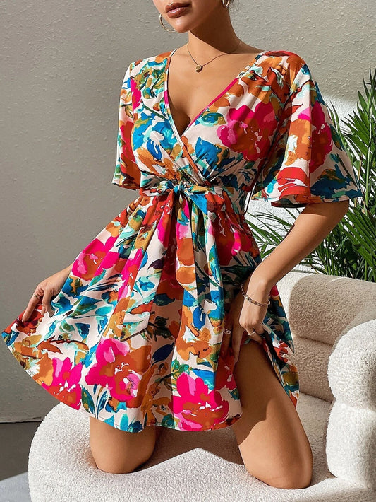 Damer A-linje Klänning Crossover Polyester med Blommönster-1