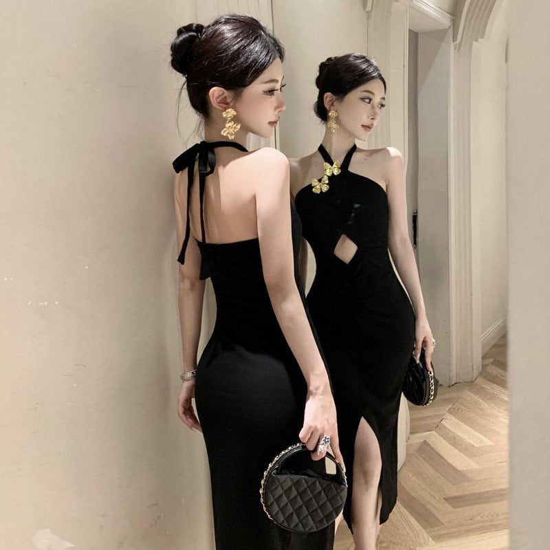 Kvinna Klänning Lång Slits Halshållarstil Högkvalitativt Tyg 4