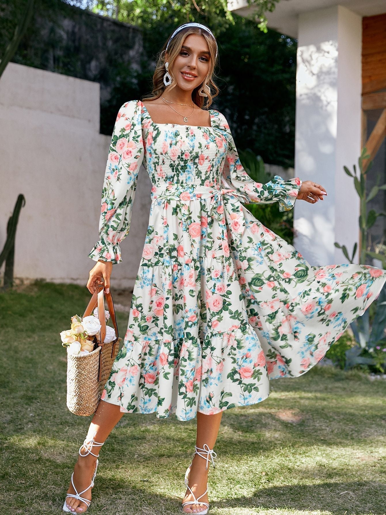 Kvinna Lång Klänning A-linje Hög Midja Polyester med Trumpetärmar-2