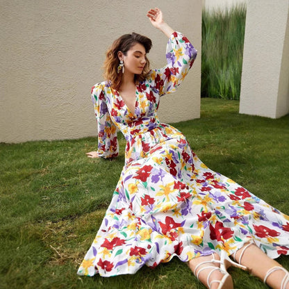 Kvinna A-Linjeformad Klänning Blommönster Polyester med Långa Ärmar-4
