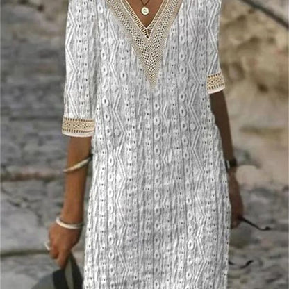 Damklänning A-linjeformad V-hals Jacquard med Halv Ärmar-2