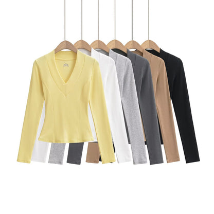 Kvinnors Långärmad Topp Djup V-hals Elastisk Material 2