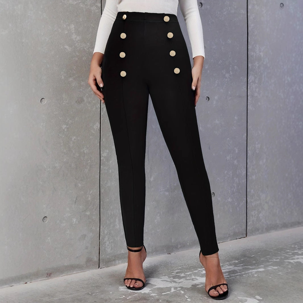 Hög Midja Byxor Dam Skräddarsydd Design Med Dekorativa Knappar 7