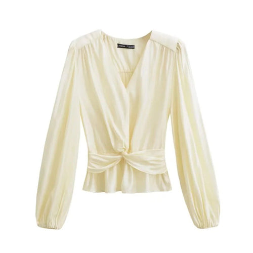 Dam Blus Djup V-ringning Puffärmar Andningsbart Material-1