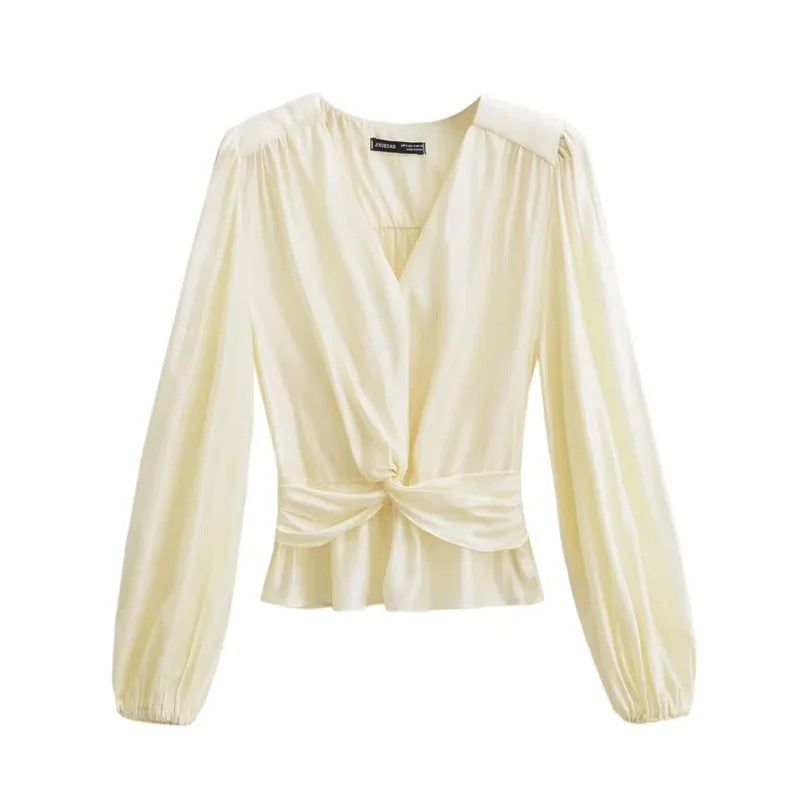 Variant image for Dam Blus Djup V-ringning Puffärmar Andningsbart Material-1