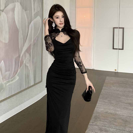 Kvinna Cheongsam Klänning Vintage Spets Polyester-1