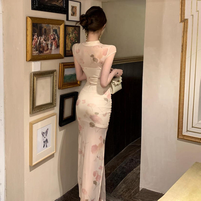 Damklänning Lång Qipao Blommönster Polyester-4