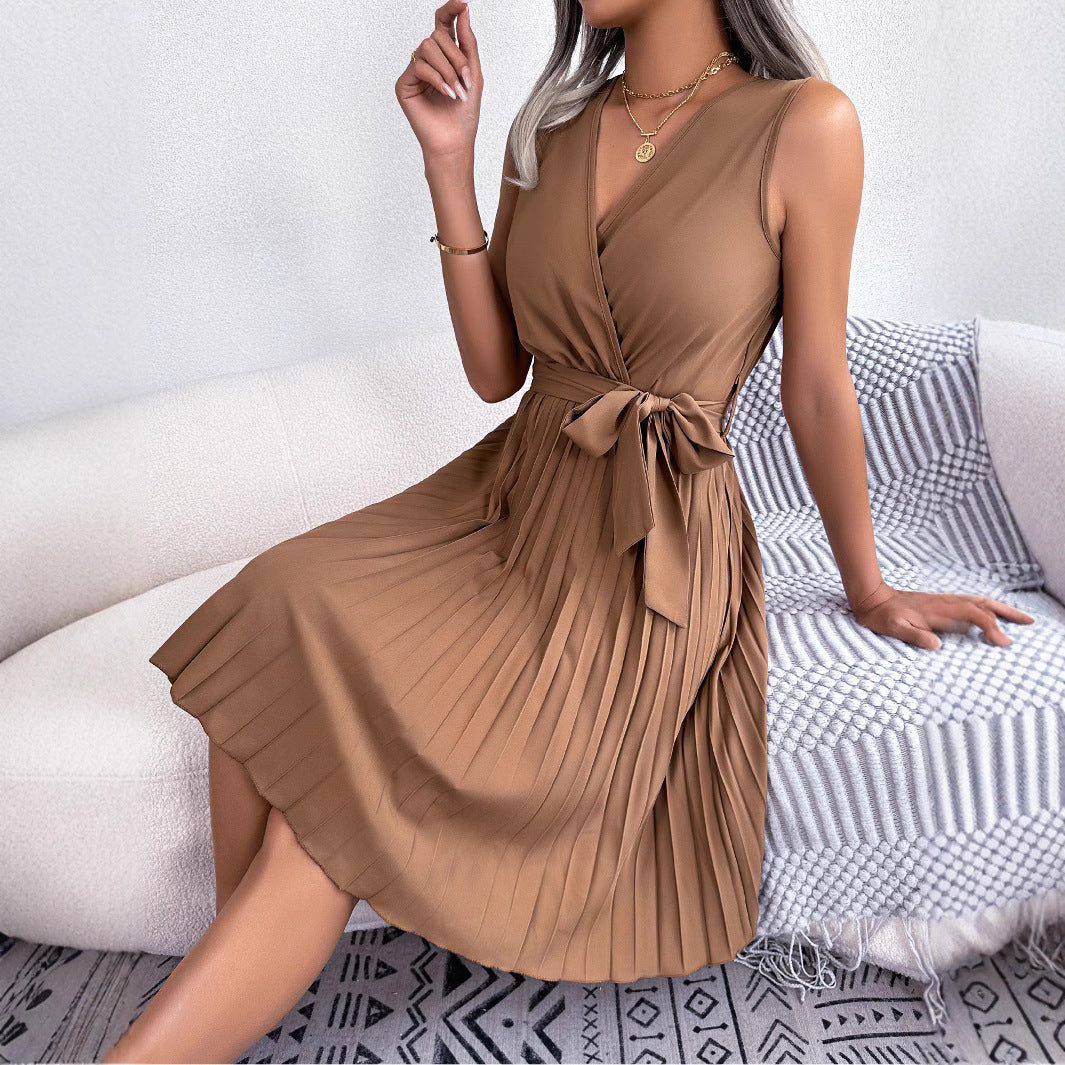 Kvinnors Midi Klänning V-Hals Chiffon Elastisk Midja-4