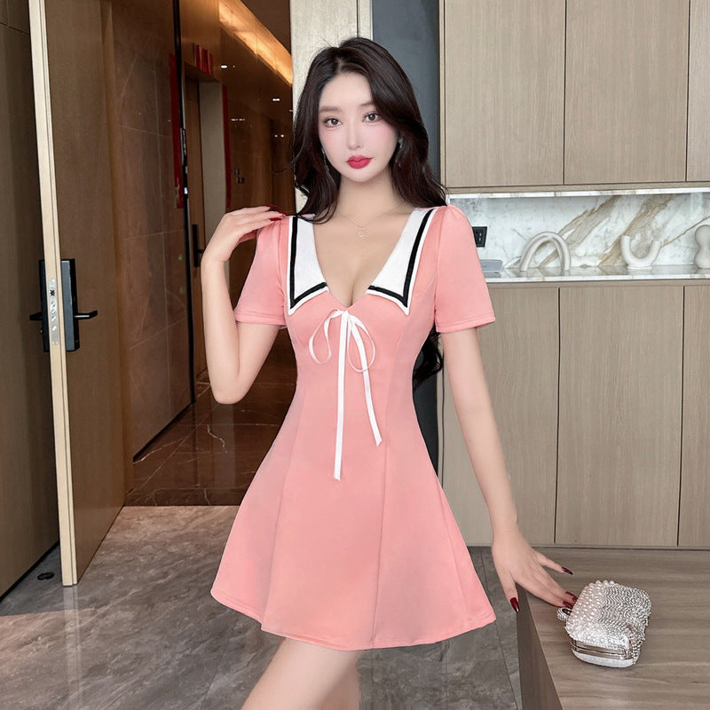 Variant image for Kvinna Klänning V-ringning Kort Polyester Färgblockering-9