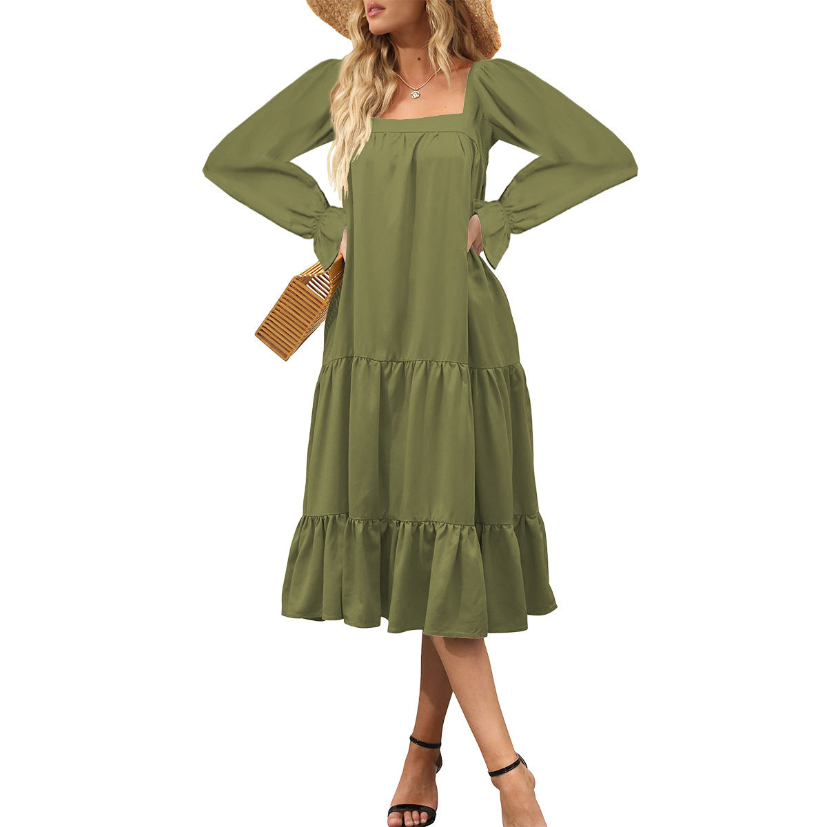 Variant image for Maxiklänning Dam A-linjeformad Viskosfiber med Långa Ärmar och Volanger-43