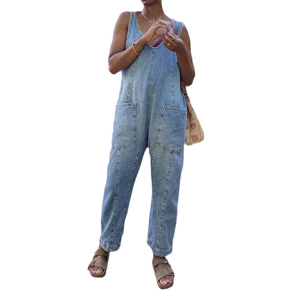 Dam Jumpsuit Justerbar Fickdesign Denim Avslappnad-4