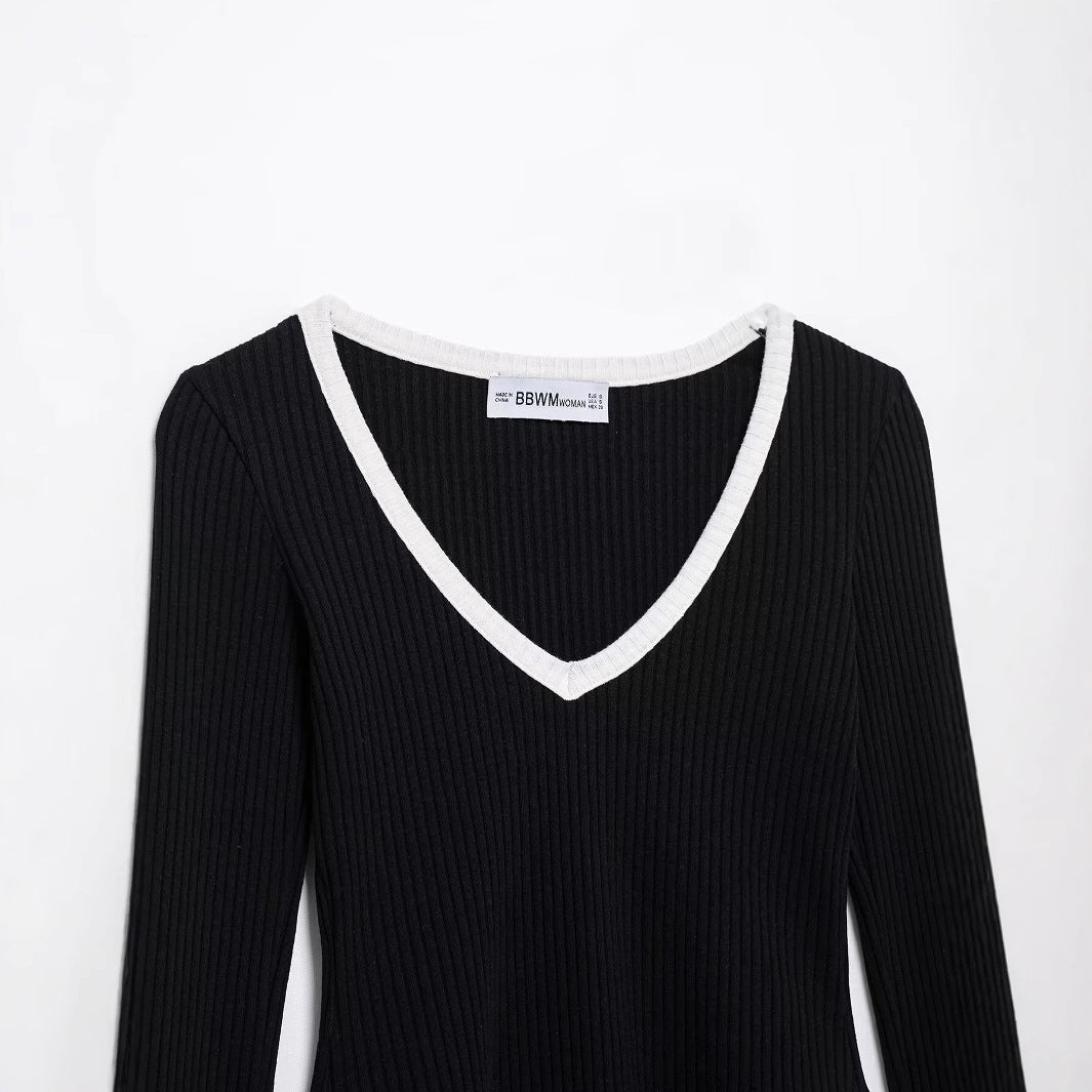 Dam Tröja V-ringad Slim Fit Polyester med Vertikala Ränder-3