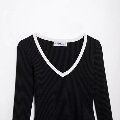 Dam Tröja V-ringad Slim Fit Polyester med Vertikala Ränder-3