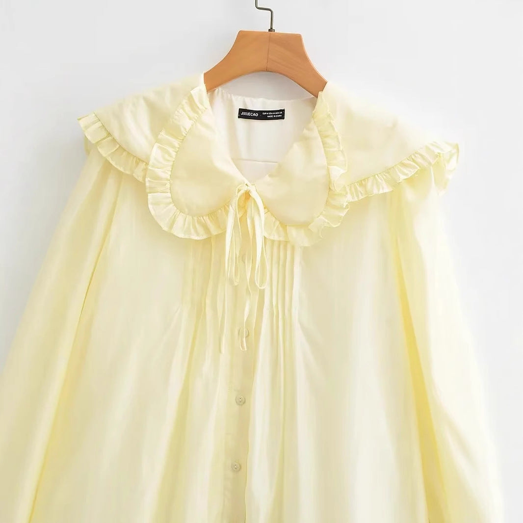 Långärmad Blusklänning med Stående Krage och Rüsch-Detaljer i Lätt Tyg – Feminint Snitt för Vardags och Fest 6