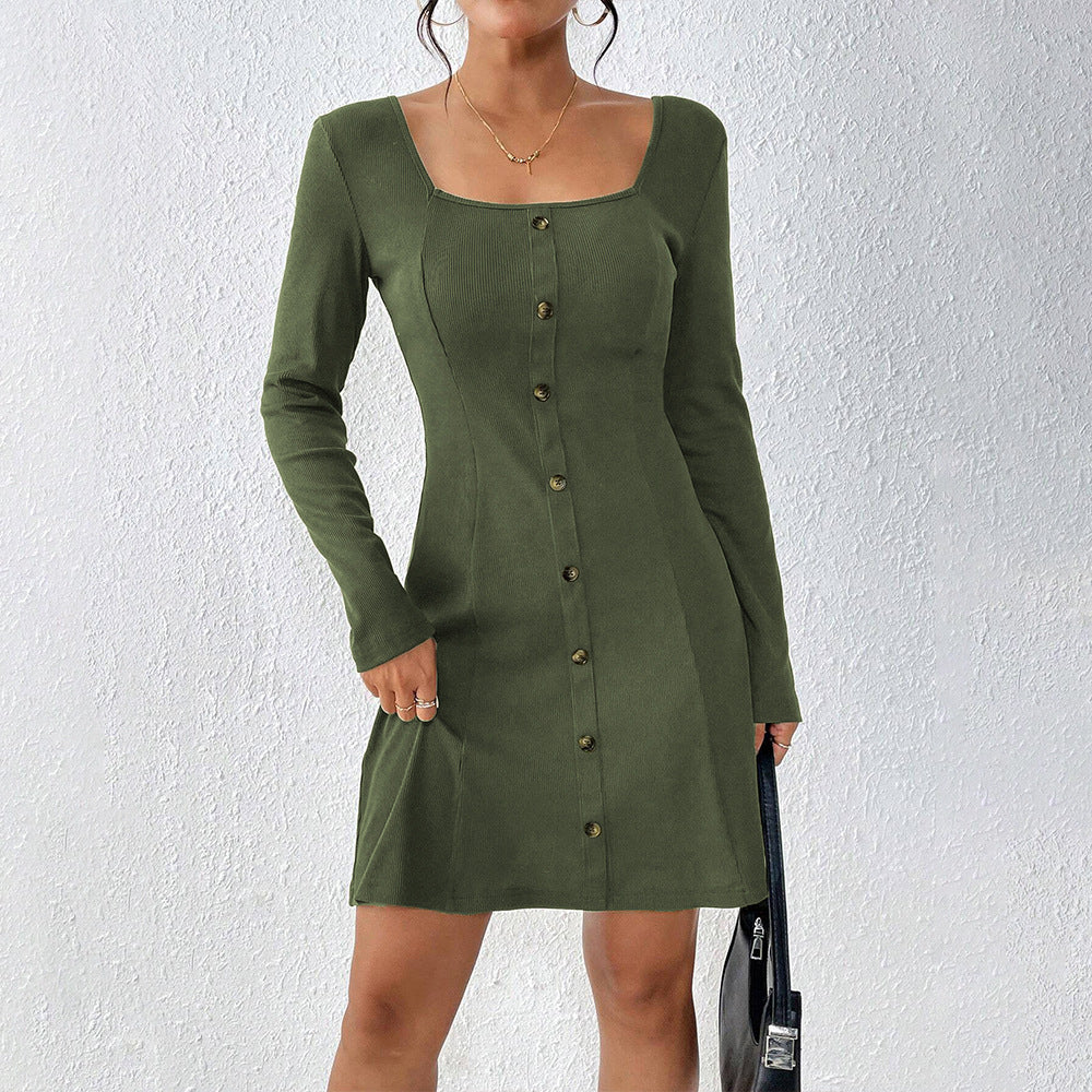 Dam Midiklänning Med Knappdetalj Fyrkantig Halsringning Mjukt Tyg-1
