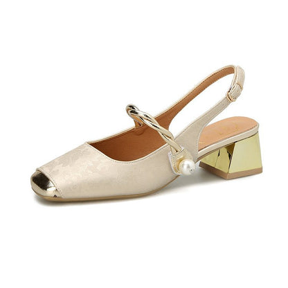 Kvinnors Slingback Pumpar med Blockklack och Justerbar Rem – Texturerat Syntetiskt Material i Metallisk Accent 8