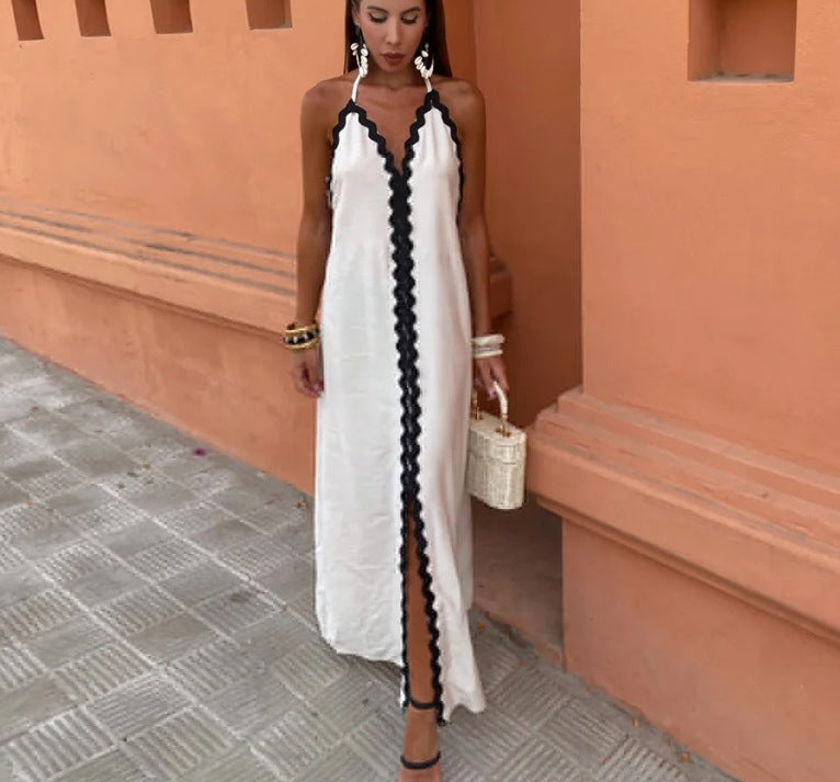 Maxiklänning Dam Flödande Snitt med Blöjhalring och Kontrastkant Lätt Tyg 1