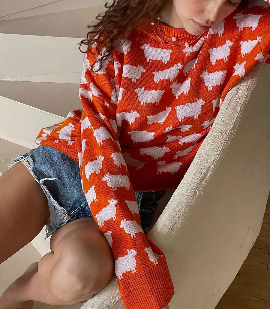 Stickad Dam Tröja med Fårmotiv i Mjuk Bomull 6