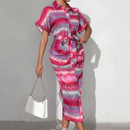 Damklänning Randig Cardigan Stil 100% Bomull Lång Kjol-1